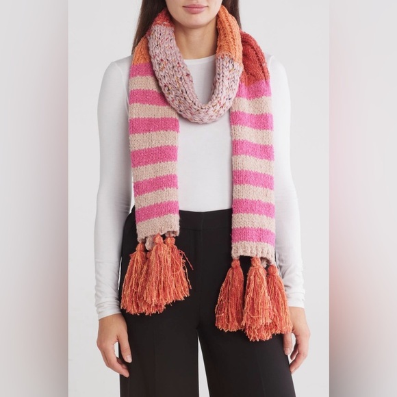 Vince Camuto Pink and Cream Striped Scarf with Tassels - Picture 1 of 5